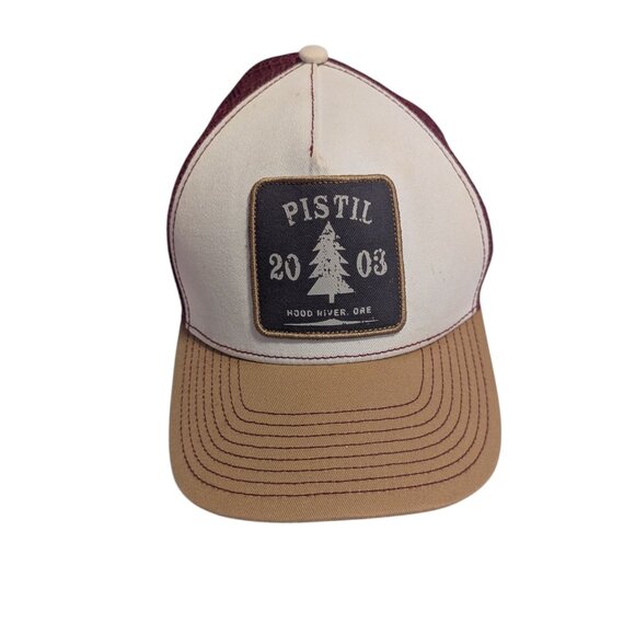 Pistil Mesh Trucker Hat 2003 Hood River ORE Patch Burgundy Brown Pine Tree - Picture 2 of 6